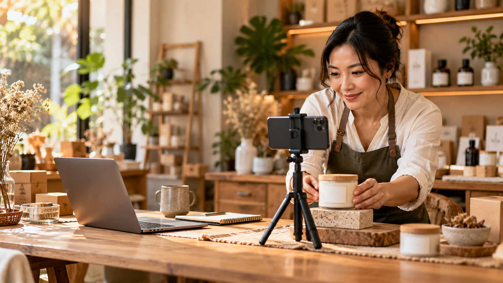 Small-business owner preparing product content using a smartphone and laptop