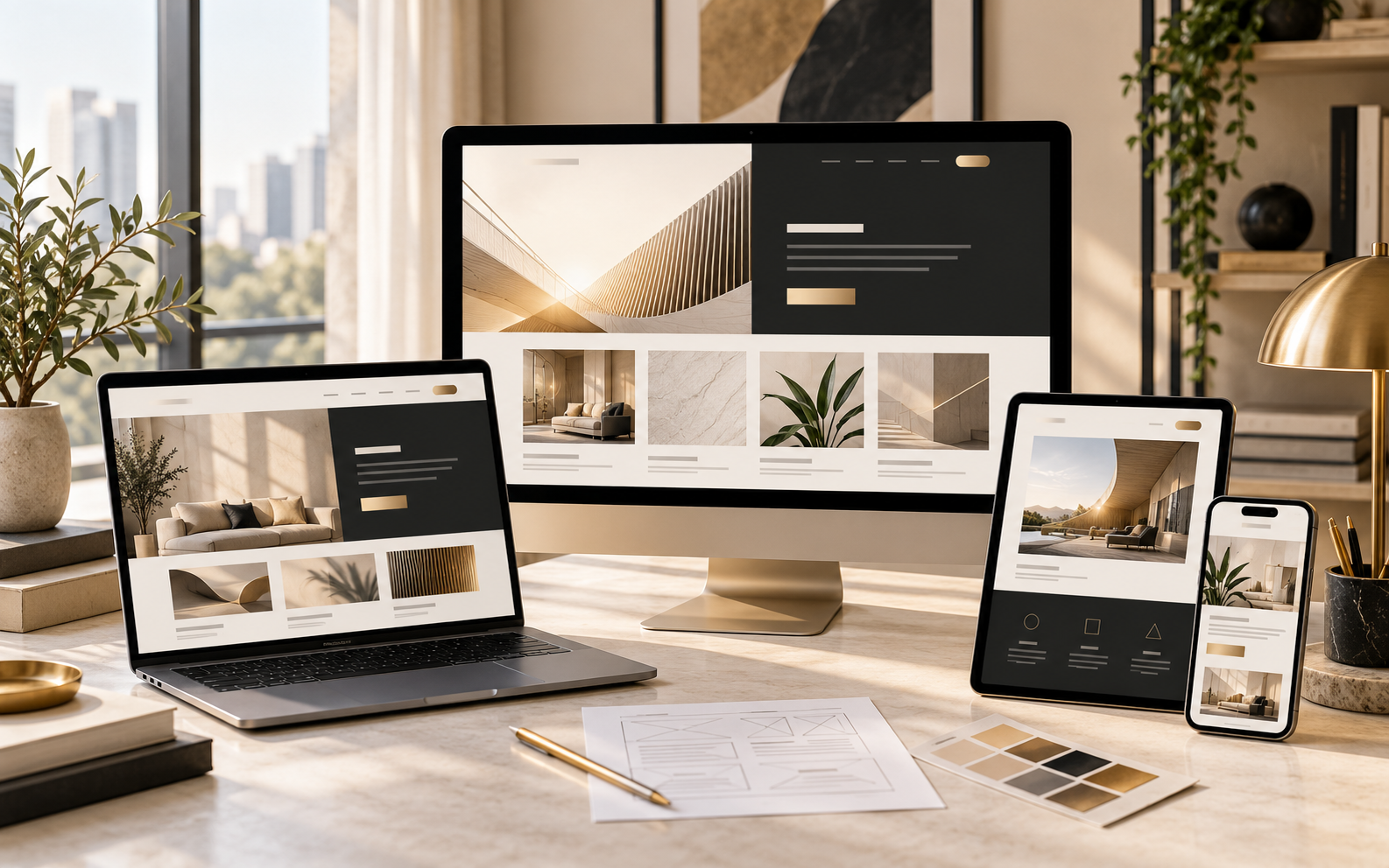 Responsive business website displayed across desktop, laptop, tablet and mobile screens