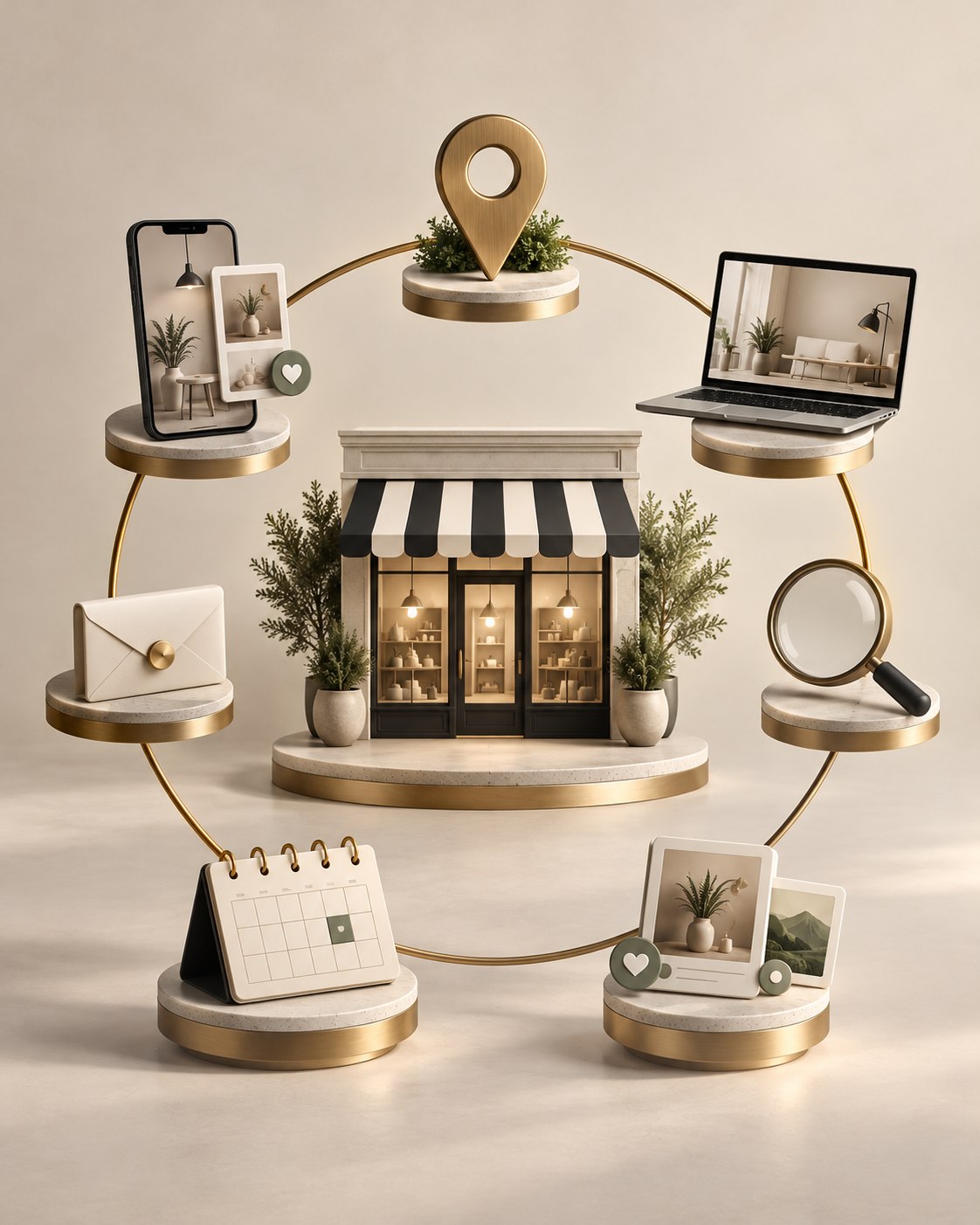Illustration of a small business connected to its website, social media, search, email and location platforms